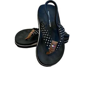 Tommy Hilfiger Sandals Black White Polka Dot Brown Leather Accents Size 8